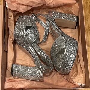 Miu Miu Silver Glitter Peep-Toe Platform Sandals